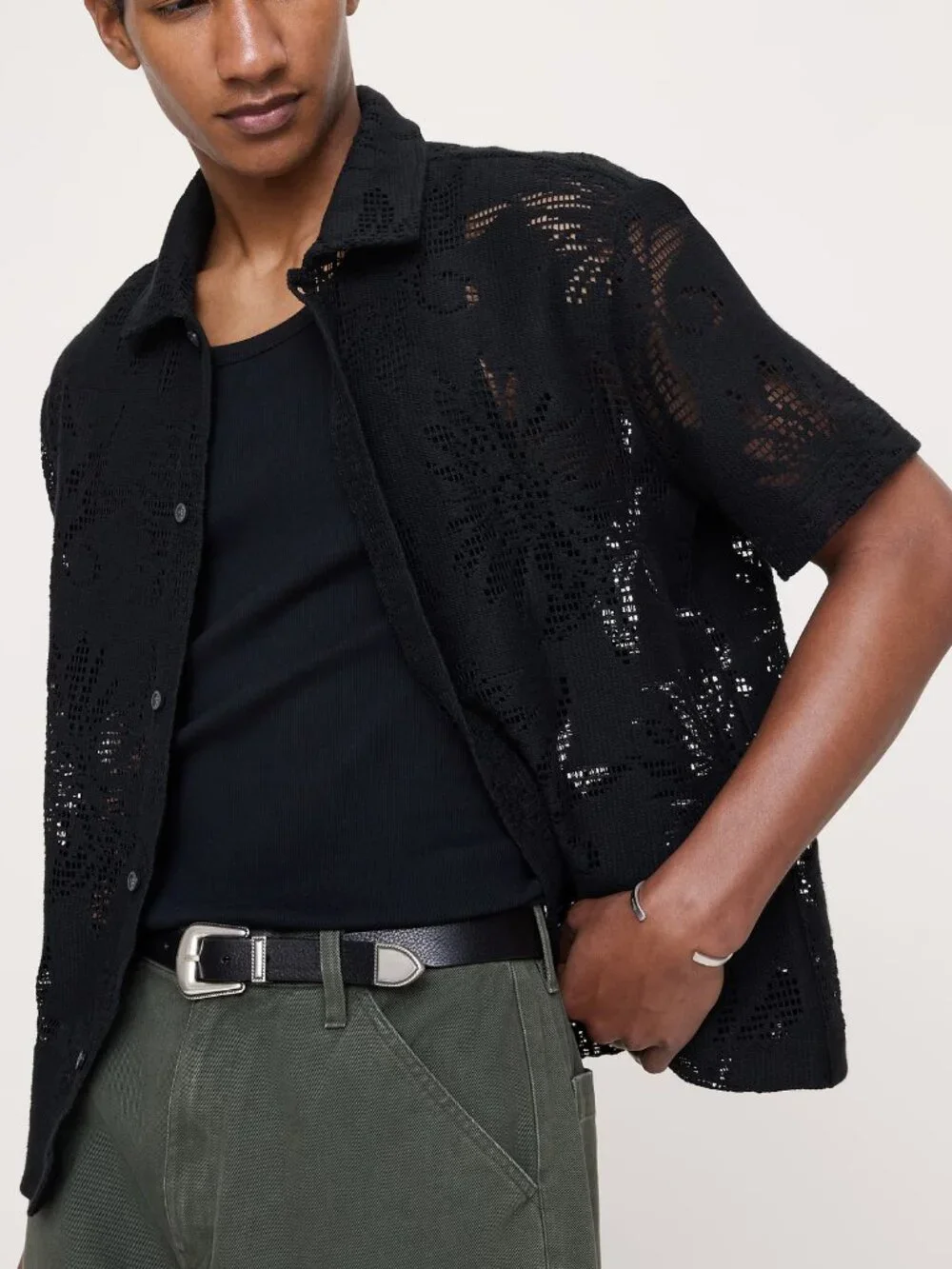 NWT Banana Republic Men's Black Open-Mesh Floral Knit SS Resort Shirt XL Tall